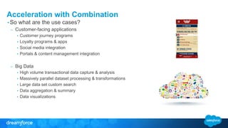 Acceleration with Combination
• So what are the use cases?
– Customer-facing applications
• Customer journey programs
• Loyalty programs & apps
• Social media integration
• Portals & content management integration
– Big Data
• High volume transactional data capture & analysis
• Massively parallel dataset processing & transformations
• Large data set custom search
• Data aggregation & summary
• Data visualizations
 