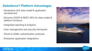 Salesforce1 Platform Advantages
• Declarative GUI data model & application
development
• Dynamic SOAP & REST APIs for data model &
platform functions
• Integrated reporting & analytics
• User management and security framework
• OAuth & SAML authentication protocols
• Enterprise application integrations
 