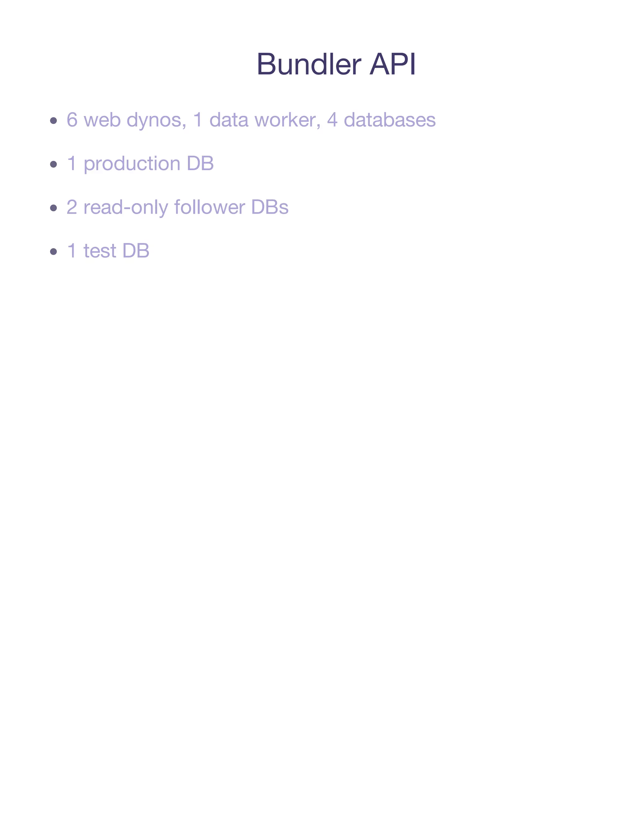 Bundler API
6 web dynos, 1 data worker, 4 databases

1 production DB

2 read-only follower DBs

1 test DB
 