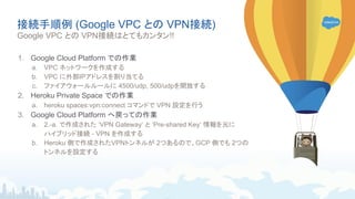 接続手順例 (Google VPC との VPN接続)
1. Google Cloud Platform での作業
a. VPC ネットワークを作成する
b. VPC に外部IPアドレスを割り当てる
c. ファイアウォールルールに 4500/udp, 500/udpを開放する
2. Heroku Private Space での作業
a. heroku spaces:vpn:connect コマンドで VPN 設定を行う
3. Google Cloud Platform へ戻っての作業
a. 2.-a. で作成された ‘VPN Gateway’ と ‘Pre-shared Key’ 情報を元に
ハイブリッド接続 - VPN を作成する
b. Heroku 側で作成されたVPNトンネルが 2つあるので、GCP 側でも 2つの
トンネルを設定する
Google VPC との VPN接続はとてもカンタン!!
 
