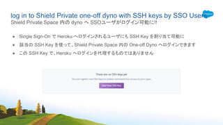 log in to Shield Private one-off dyno with SSH keys by SSO Users
● Single Sign-On で Heroku へログインされるユーザにも SSH Key を割り当て可能に
● 該当の SSH Key を使って、Shield Private Space 内の One-off Dyno へログインできます
● この SSH Key で、Heroku へログインを代理するものではありません
Shield Private Space 内の dyno へ SSOユーザがログイン可能に!!
 