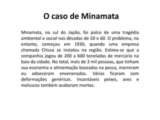 O caso de Minamata
Minamata, no sul do Japão, foi palco de uma tragédia
ambiental e social nas décadas de 50 e 60. O problema, no
entanto, começou em 1930, quando uma empresa
chamada Chisso se instalou na região. Estima-se que a
companhia jogou de 200 a 600 toneladas de mercúrio na
baia da cidade. No total, mais de 3 mil pessoas, que tinham
sua economia e alimentação baseadas na pesca, morreram
ou adoeceram envenenadas. Várias ficaram com
deformações genéricas. Incontáveis peixes, aves e
moluscos também acabaram mortos.
 
