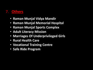 7. Others
• Raman Munjal Vidya Mandir
• Raman Munjal Memorial Hospital
• Raman Munjal Sports Complex
• Adult Literacy Mission
• Marriages Of Underprivileged Girls
• Rural Health Care
• Vocational Training Centre
• Safe Ride Program
 