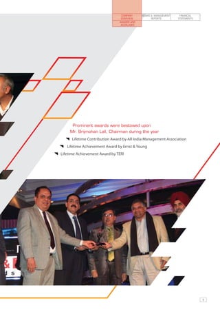 COMPANY     BOARD & MANAGEMENT    FINANCIAL
                                 OVERVIEW          REPORTS        STATEMENTS
                                Awards and
                                 Accolades




      Prominent awards were bestowed upon
     Mr. Brijmohan Lall, Chairman during the year
      Lifetime Contribution Award by All India Management Association
   Lifetime Achievement Award by Ernst & Young
Lifetime Achievement Award by TERI




                                                                               9
 