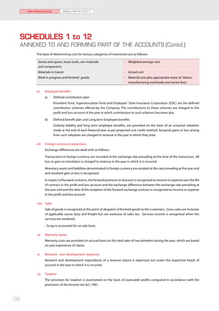 Hero MotoCorp Ltd.           ANNUAL REPORT 2010-11




      SCHEDULES 1 to 12
      ANNEXED TO AND FORMING PART OF THE ACCOUNTS	(Contd.)
              The basis of determining cost for various categories of inventories are as follows:-

                  Stores and spares, loose tools, raw materials                  - Weighted average cost
                  and components
                  Materials in transit                                           - Actual cost
                  Work in progress and finished goods                            - Material cost plus appropriate share of labour,
                                                                                   manufacturing overheads and excise duty

              vi)	     Employee benefits
                       a)	    Defined contribution plan
                       	      Provident fund, Superannuation fund and Employee’ State Insurance Corporation (ESIC) are the defined
                              contribution schemes offered by the Company. The contributions to these schemes are charged to the
                              profit and loss account of the year in which contribution to such schemes becomes due.

                       b)	    Defined benefit plan and Long term Employee benefits
                       	      Gratuity liability and long term employee benefits, are provided on the basis of an actuarial valuation
                              made at the end of each financial year as per projected unit credit method. Actuarial gains or loss arising
                              from such valuation are charged to revenue in the year in which they arise. 	

              vii)	    Foreign currency transactions
                      	Exchange differences are dealt with as follows:-

              	        Transactions in foreign currency are recorded at the exchange rate prevailing at the time of the transaction. All
                       loss or gain on translation is charged to revenue in the year in which it is incurred.

              	        Monetary assets and liabilities denominated in foreign currency are restated at the rate prevailing at the year end
                       and resultant gain or loss is recognised.

              	        In respect of forward contracts, the forward premium or discount is recognised as income or expense over the life
                       of contract in the profit and loss account and the exchange difference between the exchange rate prevailing at
                       the year end and the date of the inception of the forward exchange contract is recognised as income or expense
                       in the profit and loss account.

               viii)	 Sales
              	        Sale of goods is recognised at the point of despatch of finished goods to the customers. Gross sales are inclusive
                       of applicable excise duty and freight but are exclusive of sales tax. Services income is recognised when the
                       services are rendered.

              	        - Scrap is accounted for on sale basis.

               ix)	    Warranty claims
              	        Warranty costs are provided on accrual basis on the total sales of two wheelers during the year, which are based
                       on past experience of claims.

               x) 	 Research and development expenses
              	        Research and development expenditure of a revenue nature is expensed out under the respective heads of
                       account in the year in which it is incurred.

               xi)	    Taxation
              	        The provision for taxation is ascertained on the basis of assessable profits computed in accordance with the
                       provisions of the Income-tax Act, 1961.



118
 