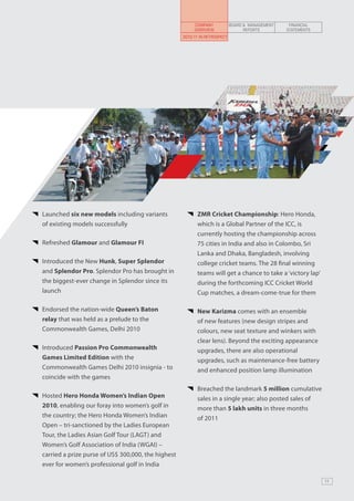 COMPANY            BOARD & MANAGEMENT    FINANCIAL
                                                           OVERVIEW                 REPORTS        STATEMENTS
                                                      2010-11 in Retrospect




	 Launched six new models including variants              	 ZMR Cricket Championship: Hero Honda,
  of existing models successfully                           which is a Global Partner of the ICC, is
                                                            currently hosting the championship across
	 Refreshed Glamour and Glamour FI                          75 cities in India and also in Colombo, Sri
                                                            Lanka and Dhaka, Bangladesh, involving
	 Introduced the New Hunk, Super Splendor                   college cricket teams. The 28 final winning
  and Splendor Pro. Splendor Pro has brought in             teams will get a chance to take a ‘victory lap’
  the biggest-ever change in Splendor since its             during the forthcoming ICC Cricket World
  launch                                                    Cup matches, a dream-come-true for them

	 Endorsed the nation-wide Queen’s Baton                  	 New Karizma comes with an ensemble
  relay that was held as a prelude to the                   of new features (new design stripes and
  Commonwealth Games, Delhi 2010                            colours, new seat texture and winkers with
                                                            clear lens). Beyond the exciting appearance
	 Introduced Passion Pro Commonwealth                       upgrades, there are also operational
  Games Limited Edition with the                            upgrades, such as maintenance-free battery
  Commonwealth Games Delhi 2010 insignia - to               and enhanced position lamp illumination
  coincide with the games
                                                          	 Breached the landmark 5 million cumulative
	 Hosted Hero Honda Women’s Indian Open                     sales in a single year; also posted sales of
  2010, enabling our foray into women’s golf in             more than 5 lakh units in three months
  the country; the Hero Honda Women’s Indian                of 2011
  Open – tri-sanctioned by the Ladies European
  Tour, the Ladies Asian Golf Tour (LAGT) and
  Women’s Golf Association of India (WGAI) –
  carried a prize purse of US$ 300,000, the highest
  ever for women’s professional golf in India

                                                                                                                11
 