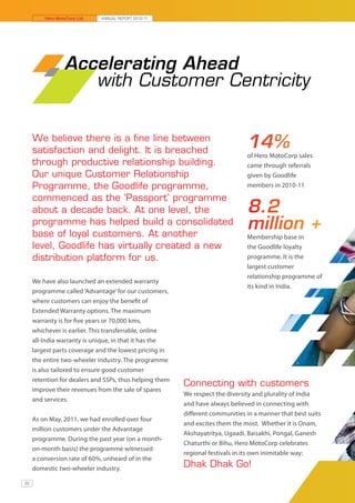 Hero MotoCorp Ltd.   ANNUAL REPORT 2010-11




                 Accelerating Ahead
                    with Customer Centricity


     We believe there is a fine line between
     satisfaction and delight. It is breached
                                                                               14%
                                                                               of Hero MotoCorp sales
     through productive relationship building.                                 came through referrals
     Our unique Customer Relationship                                          given by Goodlife
     Programme, the Goodlife programme,                                        members in 2010-11

     commenced as the ‘Passport’ programme
     about a decade back. At one level, the                                    8.2
     programme has helped build a consolidated
     base of loyal customers. At another
                                                                               million +
                                                                               Membership base in
     level, Goodlife has virtually created a new                               the Goodlife loyalty
     distribution platform for us.                                             programme. It is the
                                                                               largest customer
                                                                               relationship programme of
     We have also launched an extended warranty
                                                                               its kind in India.
     programme called ‘Advantage’ for our customers,
     where customers can enjoy the benefit of
     Extended Warranty options. The maximum
     warranty is for five years or 70,000 kms,
     whichever is earlier. This transferrable, online
     all-India warranty is unique, in that it has the
     largest parts coverage and the lowest pricing in
     the entire two-wheeler industry. The programme
     is also tailored to ensure good customer
     retention for dealers and SSPs, thus helping them
                                                         Connecting with customers
     improve their revenues from the sale of spares
                                                         We respect the diversity and plurality of India
     and services.
                                                         and have always believed in connecting with
                                                         different communities in a manner that best suits
     As on May, 2011, we had enrolled over four
                                                         and excites them the most. Whether it is Onam,
     million customers under the Advantage
                                                         Akshayatritya, Ugaadi, Baisakhi, Pongal, Ganesh
     programme. During the past year (on a month-
                                                         Chaturthi or Bihu, Hero MotoCorp celebrates
     on-month basis) the programme witnessed
                                                         regional festivals in its own inimitable way:
     a conversion rate of 60%, unheard of in the
     domestic two-wheeler industry.
                                                         Dhak Dhak Go!
20
 