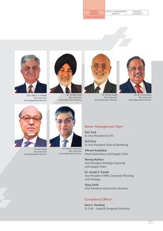 COMPANY          BOARD & MANAGEMENT       FINANCIAL
                                                             OVERVIEW               REPORTS           STATEMENTS
                                                         Board of Directors




  Gen. (Retd.) V. P. Malik           Mr. Analjit Singh                   Dr. Pritam Singh                Mr. M. Damodaran
          Non-Executive                Non-Executive                       Non-Executive                     Non-Executive
and Independent Director     and Independent Director            and Independent Director          and Independent Director




                                                         Senior Management Team
                                                         Ravi Sud
                                                         Sr. Vice President & CFO
                                                         Anil Dua
                                                         Sr. Vice President-Sales & Marketing
           Mr. Ravi Nath        Dr. Anand C. Burman
          Non-Executive                Non-Executive     Vikram Kasbekar
and Independent Director     and Independent Director    Head-Operations and Supply Chain
                                                         Neeraj Mathur
                                                         Vice President-Strategic Sourcing
                                                         and Supply Chain
                                                         Dr. Anadi S. Pande
                                                         Vice President-HRM, Corporate Planning
                                                         and Strategy
                                                         Vijay Sethi
                                                         Vice President-Information Systems


                                                         Compliance Officer
                                                         Ilam C. Kamboj	
                                                         Sr. G.M. - Legal & Company Secretary



                                                                                                                        27
 