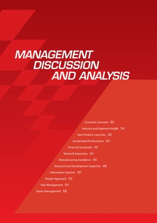 MANAGEMENT
  DISCUSSION
     AND ANALYSIS



                                      Economic Scenario 30

                                    Industry and Segment Insight 34

                                New Product Launches 36

                             Accelerated Performance 40

                         Financial Scorecard 42

                    Network Expansion 44

                 Manufacturing Excellence 46

              Research and Development Expertise 48

           Information Systems 50

        People Approach 52

     Risk Management 54

   Green Management 56
 