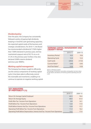 COMPANY          BOARD & MANAGEMENT             FINANCIAL
                                                               OVERVIEW               REPORTS                 STATEMENTS
                                                                                     MANAGEMENT
                                                                                    DISCUSSION AND
                                                                                       ANALYSIS




Dividend policy
Over the years, the Company has consistently
followed a policy of paying high dividends,
keeping in mind the cash-generating capacities,
the expected capital needs of the business and
strategic considerations. For 2010-11, the Board
                                                          Working capital management and
has recommended a dividend of 1750% higher                liquidity ratios
than 1500% declared in previous year, and has
                                                                                                2010-11            2009-10
maintained a payout ratio of 42.1% vis-a-vis
                                                          Inventory Period                            10.3              10.6
31.3% in the previous year. Further, it has also
                                                          Operating Cycle                             12.4              13.3
declared 3500% interim dividend
                                                          Cash Cycle                                 (20.0)           (17.0)
(previous year 4000%).	
                                                          Current Ratio*                              0.40              0.45
Working capital management                                Acid Test Ratio*                            0.26              0.26
The Company has always sought to efficiently              Notes on Working Capital:
                                                          The average of inventory, receivables and payables has been taken
use the various components of working capital             for the above calculations of inventory period, operating and cash
cycle. It has been able to effectively control            cycle.

the receivable and inventories, enabling it to
continue to operate on negative working capital.




KEY INDICATORS
OF PROFITABILITY (%)
                                                                                               2010-11            2009-10
Return On Average Capital Employed                                                                   62.3              76.4
Return On Average Equity                                                                             60.0              61.4
Profit After Tax / Income From Operations                                                              9.9             14.1
Profit Before Tax / Income From Operations                                                           12.8              17.9
Profit Before Interest And Tax / Income From Operations                                              12.8              17.7
Operating Profit Before Tax / Income From Operations                                                 11.4              16.2
Operating Profit Before Depreciation, Interest And Tax / Income From Operations                      13.5              17.4




                                                                                                                               43
 