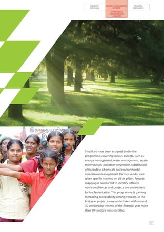 COMPANY      BOARD & MANAGEMENT    FINANCIAL
    OVERVIEW           REPORTS        STATEMENTS
                     MANAGEMENT
                    DISCUSSION AND
                       ANALYSIS




Six pillars have been assigned under the
programme, covering various aspects, such as
energy management, water management, waste
minimisation, pollution prevention, substitution
of hazardous chemicals and environmental
compliance management. Partner vendors are
given specific training on all six pillars. Process
mapping is conducted to identify different
non-compliances and projects are undertaken
for implementation. This programme is gaining
increasing acceptability among vendors. In the
first year, projects were undertaken with around
30 vendors; by the end of the financial year more
than 90 vendors were enrolled.



                                                      57
 