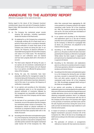 COMPANY          BOARD & MANAGEMENT         FINANCIAL
                                                                          OVERVIEW               REPORTS             STATEMENTS
                                                                                                                   AUDITORS’ REPORT




ANNEXURE TO THE AUDITORS’ REPORT
(Referred to in paragraph 3 of our report of even date)


Having regard to the nature of the Company’s business/                           other than unsecured loans aggregating Rs. 465
activities/result, clauses 4(x) and (xiii) of Companies (Auditor’s               crores granted to a Company covered in the register
Report) Order, 2003 (hereinafter referred to as the Order) are                   maintained under Section 301 of the Companies
not applicable.                                                                  Act, 1956. The maximum amount due during the
                                                                                 year was Rs. 155 crores and the year end balance of
(i)	   (a)	 The Company has maintained proper records
                                                                                 loans granted was Rs. 20 crores.
            showing full particulars, including quantitative
            details and situation of the fixed assets.                    (b)	 In our opinion and according to the information
                                                                               and explanations given to us, the rate of interest
       (b)	 As explained to us, the Company has a programme
                                                                               and other terms and conditions of the loans granted
            of physically verifying all of its fixed assets over a
                                                                               by the Company, as referred to in paragraph 4(iii)
            period of three years and in accordance therewith,
                                                                               (a) above, are, prima-facie, not prejudicial to the
            physical verification of certain fixed assets of the
                                                                               interest of the Company.
            Company was carried out during the year. In our
            opinion, the frequency of physical verification is            (c)	   According to the information and explanations
            reasonable having regard to the size of the Company                  given to us, the party to whom the loans have been
            and nature of its fixed assets. The discrepancies                    granted by the Company, as referred to in paragraph
            noticed on such verification were not material                       4(iii)(a) above, has been regular in repayment of
            and have been properly dealt with in the books of                    principal amount as stipulated and has been regular
            account.                                                             in payment of interest.
       (c)	   The fixed assets disposed off during the year, in           (d)	 According to the information and explanations
              our opinion, do not constitute a substantial part of             given to us, there are no overdue amounts in respect
              the fixed assets of the Company and such disposal                of the loans granted as referred to in paragraph 4(iii)
              has, in our opinion, not affected the going concern              (a) above and interest thereon.
              status of the Company.
                                                                          (e)	 According to the information and explanations given
(ii)	 (a)	 During the year, the inventories have been                          to us, the Company has during the year not taken
           physically verified by the management except for                    any loans, secured or unsecured from companies,
           inventories lying with third parties at the end of the              firms and other parties covered in the register
           year for which confirmations have been obtained in                  maintained under Section 301 of the Companies
           most of the cases. In our opinion, the frequency of                 Act, 1956. Accordingly, paragraph 4(iii)(f) and (g) of
           verification is reasonable.                                         the Order are not applicable.
       (b)	 In our opinion and according to the information          (iv)	 In our opinion and according to information and
            and explanations given to us, the procedures of                explanations given to us, having regard to the explanations
            physical verification of inventories followed by               that some of the items purchased are of special nature and
            the management are reasonable and adequate in                  suitable alternatives sources are not readily available for
            relation to the size of the Company and the nature             obtaining comparable quotations, there is an adequate
            of its business.                                               internal control system commensurate with the size of
                                                                           the Company and the nature of its business with regard
         (c) 	 On the basis of our examination of the records of
                                                                           to the purchases of inventories and fixed assets and for
               inventories, we are of the opinion that the Company
                                                                           the sale of goods and services. During the course of our
               has maintained proper records of inventories. The
                                                                           audit, we have not observed any major weakness in such
               discrepancies noticed on physical verification of
                                                                           internal control system.
               inventories as compared to book records were not
               material and have been properly dealt with in the     (v)	 In respect of contracts or arrangements entered in the
               books of account.                                          Register maintained in pursuance of Section 301 of the
                                                                          Companies Act, 1956, to the best of our knowledge and
(iii)	 (a)	 According to the information and explanations given
                                                                          belief and according to the information and explanations
            to us, the Company has, during the year, not granted
                                                                          given to us:
            any loan, secured or unsecured to companies, firms
            and other parties covered in the register maintained          (a)	 The particulars of contracts or arrangements
            under Section 301 of the Companies Act, 1956,                      referred to in Section 301 that need to be entered in

                                                                                                                                         89
 