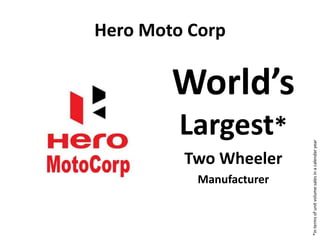 Hero Moto Corp
World’s
Largest*
Two Wheeler
Manufacturer
*intermsofunitvolumesalesinacalendaryear
 
