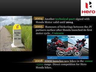 • Another technical pact signed with
Honda Motor valid until 2014.
• Rumours of bickerings between the JV
partners surface after Honda launched its first
motor cycle , Unicorn
• HMSI launches new bikes in the 100cc
-150cc range. Direct competition for Hero
Honda bikes.
2004
2005
2008
 