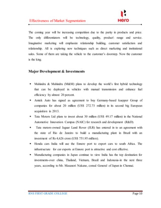 Effectiveness of Market Segmentation
RNS FIRST GRADE COLLEGE Page 10
The coming year will be increasing competition due to the parity in products and price.
The only differentiators will be technology, quality, product range and service.
Imaginative marketing will emphasize relationship building, customer satisfaction and
relationship. All is exploring new techniques such as direct marketing and institutional
sales. Some of them are taking the vehicle to the customer’s doorstep. Now the customer
is the king.
Major Development & Investments
 Mahindra & Mahindra (M&M) plans to develop the world’s first hybrid technology
that can be deployed in vehicles with manual transmission and enhance fuel
efficiency by almost 20 percent.
 Amtek Auto has signed as agreement to buy Germany-based kuepper Group of
companies for about 20 million (US$ 272.73 million) in its second big European
acquisition in 2013.
 Tata Motors Ltd plans to invest about 30 million (US$ 49.17 million) in the National
Automotive Innovation Campus (NAIC) for research and development (R&D).
 Tata motors-owned Jaguar Land Rover (JLR) has entered in to an agreement with
the state of Rio de Janeiro to build a manufacturing plant in Brazil with an
investment of Rs 4,626 crore (US$ 751.95 million).
 Honda cars India will use the Ennore port to export cars to south Africa. The
infrastructure for car exports at Ennore port is attractive and cost effective.
 Manufacturing companies in Japan continue to view India has the top destination for
investments-over china, Thailand, Vietnam, Brazil and Indonesia-in the next three
years, according to Mr. Masanori Nakano, consul General of Japan in Chennai.
 