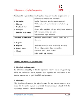 Effectiveness of Market Segmentation
RNS FIRST GRADE COLLEGE Page 17
Psychographic segmentation
 Personality
 Lifestyle
 Needmotivation
 Perception
Learning involvement
Psychographics studies and classifies people in terms of
psychological and behavioral similarities.
Passive, Aggressive, Assertive, passive aggressive
Outdoor enthusiast, sports-minded, home body, family-
centered
Shelter, safety, securities, affection, safety, status, relaxation
Risk averse, risk neutral, risk taker
Low-investment, high investment
Geographic segmentation
 Regional
 City size
 Density of area
 Climate
Geography deals with places, physical features and the
inhabitants.
South India, north east India, North India, west India
Towns, villages, metro cities, cosmopolitan
Sub-urban, Rural, Urban, Exurban
Rainy, humid, cold temperate
Criteria for successful segmentation
1. Identifiable and measurable
The information collected by the firm for segmentation variables such as size, purchasing
power, and characteristics of the segments. Most importantly the characteristics of the
segments member must be easily identifiable and measurable.
2. Substantial
After identifying and measuring the selected segment the next important parameter is to
ensure that the selected segment is substantial, the market segment selected should be
large enough, in terms of sales and profitability.
 