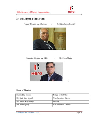 Effectiveness of Market Segmentation
RNS FIRST GRADE COLLEGE Page 38
3.4 BOARD OF DIRECTORS
Founder Director and Chairman : Dr. BrijmohanLallMunjal
Managing Director and CEO : Mr. PawanMunjal
.
Board of Directors
Name of the person Nature of the Office
Mr. Sunil Kant Munjal Non-Executive Director
Mr. Suman Kant Munjal Director
Mr. Paul Edgerley Non-Executive Director
 