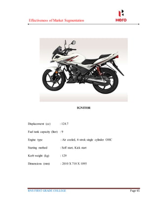 Effectiveness of Market Segmentation
RNS FIRST GRADE COLLEGE Page 45
IGNITOR
Displacement (cc) : 124.7
Fuel tank capacity (liter) : 9
Engine type : Air cooled, 4-strok single cylinder OHC
Starting method : Self start, Kick start
Kerb weight (kg) : 129
Dimensions (mm) : 2010 X 710 X 1095
 