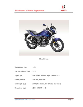 Effectiveness of Market Segmentation
RNS FIRST GRADE COLLEGE Page 51
Hero Xtreme
Displacement (cc) : 149.2
Fuel tank capacity (liter) : 12.1
Engine type : Air cooled, 4-stroke single cylinder OHC
Starting method : self start, kick start
Kerb weight (kg) : 145 (Disc brake), 146 (Double disc brake)
Dimensions (mm) : 2060 X 765 X 1145
 