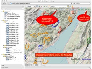 17
Sparetime: making hiking GPX routes
Redlining/
drawing tool
Up/
Download, any
standard format
 