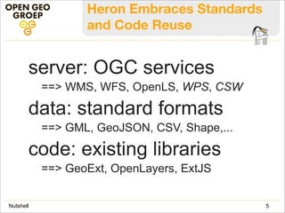 Heron Embraces Standards
and Code Reuse
server: OGC services
==> WMS, WFS, OpenLS, WPS, CSW
data: standard formats
==> GML, GeoJSON, CSV, Shape,...
code: existing libraries
==> GeoExt, OpenLayers, ExtJS
5Nutshell
 