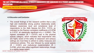 S A I N T F R A N C I S O F A S S I S I C O L L E G E H I G H E R E D U C A T I O N R E S E A R C H O F F I C E
4.0 Discussion and Conclusion
• The overall findings of the research confirm that a very
high and moderately strong positive relationship exists
between awareness level and compliance level of
respondents to the Safe Spaces Act (R.A. 11313), as
indicated by the Pearson correlation coefficients of 0.4798
to 0.5737, all statistically significant at p = 0.00001. The
highest correlation (R = 0.5737) was in the physical
spaces category, which indicates that respondents who
are highly aware of the safety of classroom and campus
settings are most likely to adhere to safety measures and
institutional policies. This was followed by social spaces
(R = 0.5301) and institutional implementation (R =
0.4798), which also reflect significant relationships, though
to a slightly lesser extent.
THE SAFE SPACES ACT (R.A.11313): STUDENTS AWARENESS AND ADHERENCE IN A PRIVATE HIGHER EDUCATION
INSTITUTION
Authored by: Dela Cruz RA. ,Samoling J.,and Tubeo D.
 