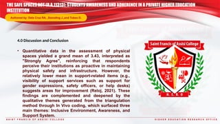 S A I N T F R A N C I S O F A S S I S I C O L L E G E H I G H E R E D U C A T I O N R E S E A R C H O F F I C E
4.0 Discussion and Conclusion
• Quantitative data in the assessment of physical
spaces yielded a grand mean of 3.43, interpreted as
"Strongly Agree", reinforcing that respondents
perceive their institutions as proactive in maintaining
physical safety and infrastructure. However, the
relatively lower mean in support-related items (e.g.,
visibility of support services such as support for
gender expressions, safety officers, or help desks)
suggests areas for improvement (Reloj, 2021). These
findings are complemented and deepened by the
qualitative themes generated from the triangulation
method through In Vivo coding, which surfaced three
main themes: Inclusive Environment, Awareness, and
Support System.
THE SAFE SPACES ACT (R.A.11313): STUDENTS AWARENESS AND ADHERENCE IN A PRIVATE HIGHER EDUCATION
INSTITUTION
Authored by: Dela Cruz RA. ,Samoling J.,and Tubeo D.
 
