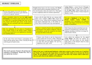 HEROES TIMELINE
After being badly injured in WWII Francis
Cassavant returns to Frenchtown with
severe facial injuries. He covers his face to
avoid recognition and carries a gun which he
will use in a special mission.
Francis thinks back to his first meeting with Nicole
(at the school) and his immediate attraction to her.
He visits the place where she used to live. That night
he has a nightmare about his wartime experiences.
Arthur Rivier, a school friend of Francis,
introduces him to the other war veterans at
the St Jude Club. Unlike Francis they are
optimistic about the future. Francis keeps his
identity a secret.
Through a flashback to the days at the
Wreck Centre, Larry LaSalle is
introduced. He is presented as an inspiring
teacher who brings out the best in the young
people of Frenchtown.
Later at the St Jude Club the war veterans talk
about Larry LaSalles Silver Star award for
bravery in war. Arthur Rivier recognises Francis
and cannot understand why, as the holder of a
Silver Star, he should want to go unrecognised.
Francis remembers when he won the table tennis
tournament at the Wreck Centre and later beat Larry
in a match (he is convinced though that Larry let him
win). Francis and Nicole grow closer. At the cinema
together they see a newsreel with Larry celebrated as a
war hero.
After the celebration for his return to Frenchtown,
Larry assaults Nicole at the Wreck Centre. Francis
overhears the assault but is too frightened (or shocked)
to do anything about it.
Nicole is visited by Francis who is tortured by
guilt because of his failure to help her. Later he
contemplates suicide but instead he lies about
his age and enlists in the army.
After Francis has discovered that Larry has
returned to Frenchtown he visits him in his
lodgings intending to kill him in revenge for
what he did to Nicole.
Larry admits his weakness for the sweet
young things but does not express any
remorse. He tells Francis he has already
made plans to kill himself which he does
after Francis leaves.
Francis visits Nicole to ask her forgiveness
and to inform her of Larrys death. Although
he had hoped to resume their relationship it
is clear this will not happen. He sees his
departure as his gift to her.
At the end of the novel Francis contemplates his
future and the options open to him. Carrying his bag
with the gun he boards a train.
The novels present. Francis is 18 and has just
returned to Frenchtown. World War Two is
over and he has no face.
Much of the story is told through flashbacks, which take us back to when Francis was 13 and first
met Nicole. We also learn the tragic history of Greniers Hall, which was to become the Wreck
Centre. We get glimpses of Francis war experiences and learn why Francis wants to kill Larry
who was such a hero to the children of Frenchtown.
 