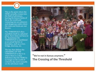 “We’re not in Kansas anymore.”
The Crossing of the Threshold
This is the point where the
HERO actually crosses into
the field of adventure,
leaving the known limits of
his or her world and
venturing into an unknown
and dangerous realm where
the rules and limits are not
known.
The THRESHOLD often
manifests itself as a physical
place, but it does not have to
be. Sometimes the
THRESHOLD is manifested
as an actual barrier or
boundary, such as a river,
bridge, doorway, etc.
The key that defines the
CROSSING OF THE
THRESHOLD is that it is
where there is a clear
definition that the HERO is
no longer in the world of
common day and is actually
on the adventure itself.
 
