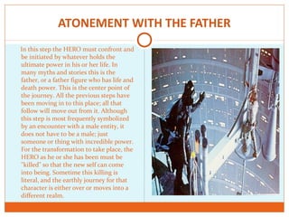 ATONEMENT WITH THE FATHER
In this step the HERO must confront and
be initiated by whatever holds the
ultimate power in his or her life. In
many myths and stories this is the
father, or a father figure who has life and
death power. This is the center point of
the journey. All the previous steps have
been moving in to this place; all that
follow will move out from it. Although
this step is most frequently symbolized
by an encounter with a male entity, it
does not have to be a male; just
someone or thing with incredible power.
For the transformation to take place, the
HERO as he or she has been must be
"killed" so that the new self can come
into being. Sometime this killing is
literal, and the earthly journey for that
character is either over or moves into a
different realm.
 