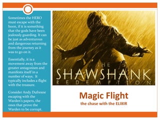 Magic Flight
the chase with the ELIXIR
Sometimes the HERO
must escape with the
boon, if it is something
that the gods have been
jealously guarding. It can
be just as adventurous
and dangerous returning
from the journey as it
was to go on it.
Essentially, it is a
movement away from the
greater antagonism and
manifests itself in a
number of ways. It
typically includes a flight
with the treasure.
Consider Andy Dufresne
escaping with the
Warden’s papers, the
ones that prove the
Warden to be corrupt.
 