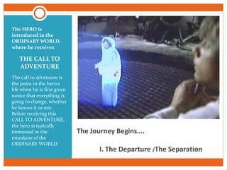 The Journey Begins….
I. The Departure /The Separation
The HERO is
introduced in the
ORDINARY WORLD,
where he receives
THE CALL TO
ADVENTURE
The call to adventure is
the point in the hero's
life when he is first given
notice that everything is
going to change, whether
he knows it or not.
Before receiving this
CALL TO ADVENTURE,
the hero is typically
immersed in the
mundane of the
ORDINARY WORLD.
 