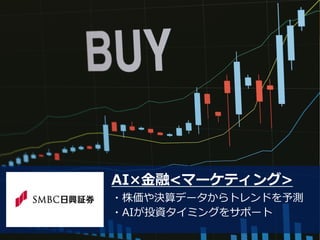 14
AI×金融<マーケティング>
・株価や決算データからトレンドを予測
・AIが投資タイミングをサポート
 