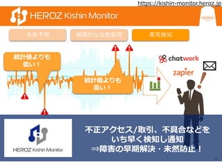 19
統計値よりも
低い！
統計値よりも
高い！
未来予測 網羅的な自動監視 異常検知
不正アクセス/取引、不具合などを
いち早く検知し通知
⇒障害の早期解決・未然防止！
https://kishin-monitor.heroz.jp
 