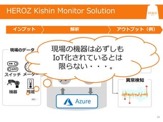 22
アウトプット（例）解析インプット
未来予測
異常検知
時系列データ
HEROZ Kishin
時系列データ解析
現場のデータ
etc…
メーター
機器 環境
スイッチ
現場の機器は必ずしも
IoT化されているとは
限らない・・・。
HEROZ Kishin Monitor Solution
 
