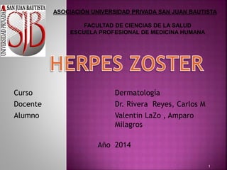 ASOCIACIÓN UNIVERSIDAD PRIVADA SAN JUAN BAUTISTA
FACULTAD DE CIENCIAS DE LA SALUD
ESCUELA PROFESIONAL DE MEDICINA HUMANA
Curso Dermatología
Docente Dr. Rivera Reyes, Carlos M
Alumno Valentin LaZo , Amparo
Milagros
Año 2014
1
 