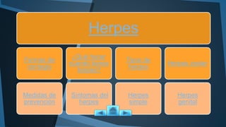 Herpes
Formas de
contagio
Medidas de
prevención
¿Qué hacer
cuando tienes
herpes?
Síntomas del
herpes
Tipos de
herpes
Herpes
simple
Herpes zoster
Herpes
genital
 