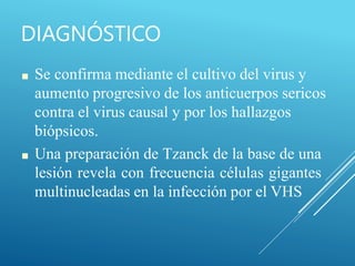 DIAGNÓSTICO
■ Se confirma mediante el cultivo del virus y
aumento progresivo de los anticuerpos sericos
contra el virus causal y por los hallazgos
biópsicos.
■ Una preparación de Tzanck de la base de una
lesión revela con frecuencia células gigantes
multinucleadas en la infección por el VHS
 