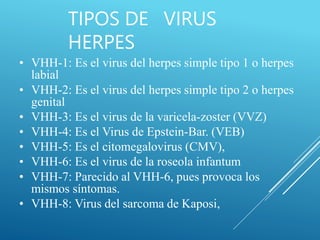 TIPOS DE VIRUS
HERPES
• VHH-1: Es el virus del herpes simple tipo 1 o herpes
labial
• VHH-2: Es el virus del herpes simple tipo 2 o herpes
genital
• VHH-3: Es el virus de la varicela-zoster (VVZ)
• VHH-4: Es el Virus de Epstein-Bar. (VEB)
• VHH-5: Es el citomegalovirus (CMV),
• VHH-6: Es el virus de la roseola infantum
• VHH-7: Parecido al VHH-6, pues provoca los
mismos síntomas.
• VHH-8: Virus del sarcoma de Kaposi,
 