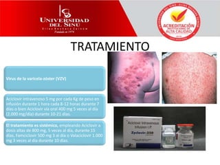 TRATAMIENTO
Virus de la varicela-zóster (VZV)
Aciclovir intravenoso 5 mg por cada Kg de peso en
infusión durante 1 hora cada 8-12 horas durante 7
días o bien Aciclovir vía oral 400 mg 5 veces al día
(2.000 mg/día) durante 10-21 días.
El tratamiento es sistémico, empleando Aciclovir a
dosis altas de 800 mg, 5 veces al día, durante 15
días, Famciclovir 500 mg 3 al día o Valaciclovir 1.000
mg 3 veces al día durante 10 días.
 