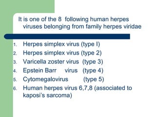 It is one of the 8 following human herpes 
viruses belonging from family herpes viridae 
1. Herpes simplex virus (type I) 
2. Herpes simplex virus (type 2) 
3. Varicella zoster virus (type 3) 
4. Epstein Barr virus (type 4) 
5. Cytomegalovirus (type 5) 
6. Human herpes virus 6,7,8 (associated to 
kaposi’s sarcoma) 
 