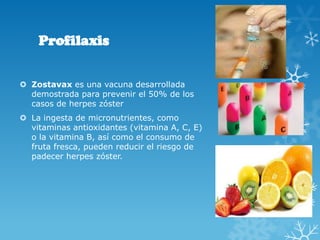 Profilaxis
 Zostavax es una vacuna desarrollada
demostrada para prevenir el 50% de los
casos de herpes zóster
 La ingesta de micronutrientes, como
vitaminas antioxidantes (vitamina A, C, E)
o la vitamina B, así como el consumo de
fruta fresca, pueden reducir el riesgo de
padecer herpes zóster.

 
