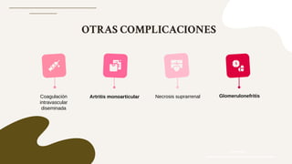 OTRAS COMPLICACIONES
Coagulación
intravascular
diseminada
Artritis monoarticular Necrosis suprarrenal Glomerulonefritis
 