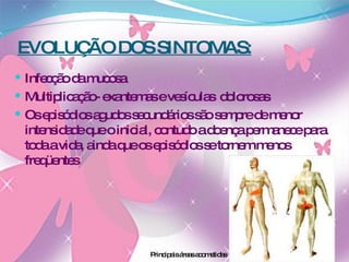 EVOLUÇÃO DOS SINTOMAS: Infecção da mucosa Multiplicação- exantemas e vesículas  dolorosas Os episódios agudos secundários são sempre de menor intensidade que o inicial, contudo a doença permanece para toda a vida, ainda que os episódios se tornem menos freqüentes Principais áreas acometidas 