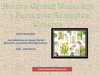Hola y bienvenido.
hoy hablaremos de: Herpes Genital
Masculino, y Femenino Remedios Caseros.
Listo...empecemos.
ComoQuitarelHerpes.com
 