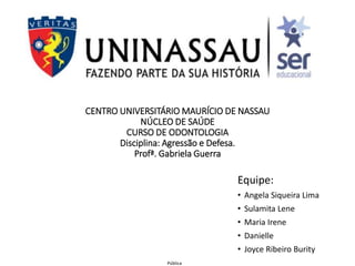 Pública
CENTRO UNIVERSITÁRIO MAURÍCIO DE NASSAU
NÚCLEO DE SAÚDE
CURSO DE ODONTOLOGIA
Disciplina: Agressão e Defesa.
Profª. Gabriela Guerra
Equipe:
• Angela Siqueira Lima
• Sulamita Lene
• Maria Irene
• Danielle
• Joyce Ribeiro Burity
 