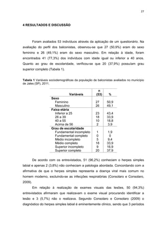 27



4 RESULTADOS E DISCUSSÃO




         Foram avaliados 53 indivíduos através da aplicação de um questionário. Na
avaliação do perfil dos balconistas, observou-se que 27 (50,9%) eram do sexo
feminino e 26 (49,1%) eram do sexo masculino. Em relação à idade, foram
encontrados 41 (77,3%) dos indivíduos com idade igual ou inferior a 40 anos.
Quanto ao grau de escolaridade, verificou-se que 20 (37,9%) possuíam grau
superior completo (Tabela 1).


Tabela 1 Variáveis sociodemográficas da população de balconistas avaliados no município
de Jales (SP), 2011.

                                                     n
                                  Variáveis         (53)     %
                     Sexo
                       Feminino                     27      50,9
                       Masculino                    26      49,1
                     Faixa etária
                       Inferior a 25                23      43,4
                       26 a 39                      18      33,9
                       40 a 55                      10      18,8
                       Acima de 56                  2       3,9
                     Grau de escolaridade
                       Fundamental incompleto       1       1,9
                       Fundamental completo         0        0
                       Médio incompleto             5       9,4
                       Médio completo               18      33,9
                       Superior incompleto          9       16,9
                       Superior completo            20      37,9

         De acordo com os entrevistados, 51 (96,2%) conheciam o herpes simples
labial e apenas 2 (3,8%) não conheciam a patologia abordada. Concordando com a
afirmativa de que o herpes simples representa a doença viral mais comum no
homem moderno, excluindo-se as infecções respiratórias (Consolaro e Consolaro,
2009).
         Em relação à realização de exames visuais das lesões, 50 (94,3%)
entrevistados afirmaram que realizavam o exame visual procurando identificar a
lesão e 3 (5,7%) não o realizava. Segundo Consolaro e Consolaro (2009) o
diagnóstico do herpes simples labial é eminentemente clínico, sendo que 3 períodos
 