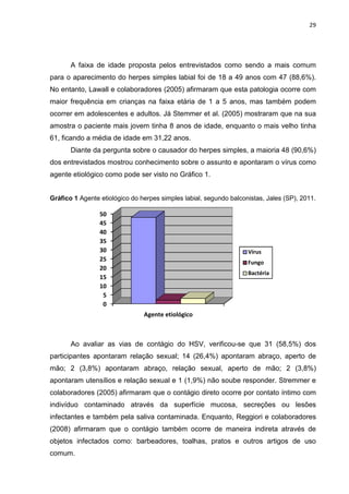 29




       A faixa de idade proposta pelos entrevistados como sendo a mais comum
para o aparecimento do herpes simples labial foi de 18 a 49 anos com 47 (88,6%).
               ento
No entanto, Lawall e colaboradores (2005) afirmaram que esta patologia ocorre com
maior frequência em crianças na faixa etária de 1 a 5 anos, mas também podem
ocorrer em adolescentes e adultos. Já Stemmer et al. (2005) mostraram que na sua
   rrer
amostra o paciente mais jovem tinha 8 anos de idade, enquanto o mais velho tinha
61, ficando a média de idade em 31,22 anos.
       Diante da pergunta sobre o causador do herpes simples, a maioria 48 (90,6%)
               a
dos entrevistados mostrou conhecimento sobre o assunto e apontaram o vírus como
agente etiológico como pode ser visto no Gráfico 1.


Gráfico 1 Agente etiológico do herpes simples labial, segundo balconistas, Jales (SP), 2011.

                 50
                 45
                 40
                 35
                 30                                                 Vírus
                 25                                                 Fungo
                 20
                                                                    Bactéria
                 15
                 10
                  5
                  0
                                Agente etiológico



       Ao avaliar as vias de contá
                             contágio do HSV, verificou-se que 31 (58,5%) dos
                                                        se
participantes apontaram relação sexual; 14 (26,4%) apontaram abraço, aperto de
mão; 2 (3,8%) apontaram abraço, relação sexual, aperto de mão; 2 (3,8%)
apontaram utensílios e relação sexual e 1 (1,9%) não soube responder. Stremmer e
                                                           responder.
colaboradores (2005) afirm am que o contágio direto ocorre por contato íntimo com
                     afirmaram
indivíduo contaminado através da superfície mucosa, secreções ou lesões
infectantes e também pela saliva contaminada. Enquanto, Reggiori e colaboradores
                                              Enquanto,
(2008) afirmaram que o contágio também ocorre de maneira indireta através de
objetos infectados como: barbeadores, toalhas, pratos e outros artigos de uso
comum.
 