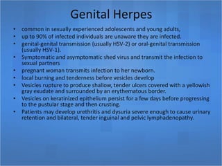 Genital Herpes
• common in sexually experienced adolescents and young adults,
• up to 90% of infected individuals are unaware they are infected.
• genital-genital transmission (usually HSV-2) or oral-genital transmission
(usually HSV-1).
• Symptomatic and asymptomatic shed virus and transmit the infection to
sexual partners
• pregnant woman transmits infection to her newborn.
• local burning and tenderness before vesicles develop
• Vesicles rupture to produce shallow, tender ulcers covered with a yellowish
gray exudate and surrounded by an erythematous border.
• Vesicles on keratinized epithelium persist for a few days before progressing
to the pustular stage and then crusting.
• Patients may develop urethritis and dysuria severe enough to cause urinary
retention and bilateral, tender inguinal and pelvic lymphadenopathy.
 