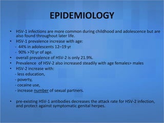 EPIDEMIOLOGY
• HSV-1 infections are more common during childhood and adolescence but are
also found throughout later life.
• HSV-1 prevalence increase with age:
- 44% in adolescents 12–19 yr
- 90% >70 yr of age.
• overall prevalence of HSV-2 is only 21.9%.
• Prevalence of HSV-2 also increased steadily with age females> males
• HSV-2 increase with:
- less education,
- poverty,
- cocaine use,
- increase number of sexual partners.
• pre-existing HSV-1 antibodies decreases the attack rate for HSV-2 infection,
and protect against symptomatic genital herpes.
 